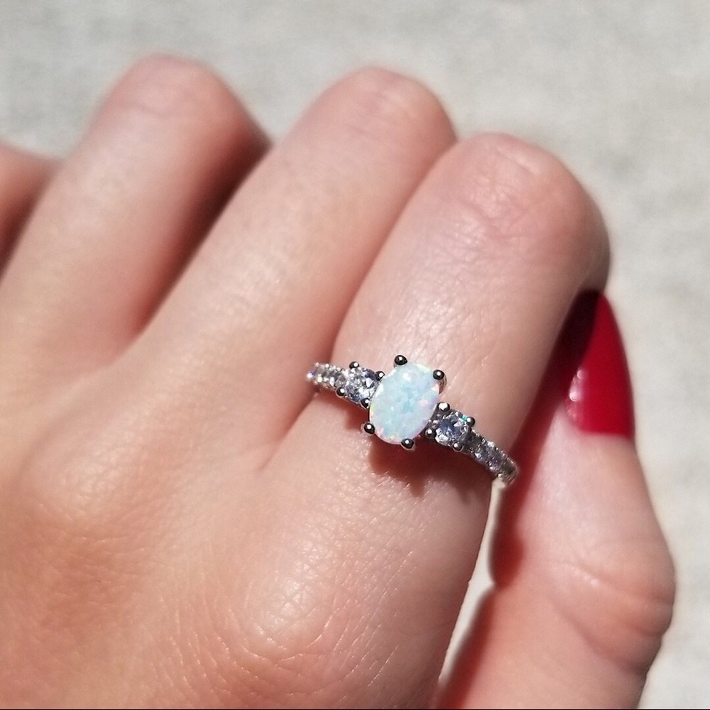 925 Sterling Silver Oval White Opal CZ Ring - Picture 1 of 9